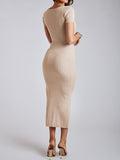 themeisles Split-side Solid Color Skinny Short Sleeves Round-neck Midi Dresses