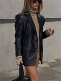 themeisles Solid Color Suit Collar Fake Pocket Fashion Casual Women's Leather Coat