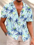 themeisles Men's Short Sleeve Lapel Shirt Hawaii Shirt Blue Gray White Men's Short-sleeved Shirt