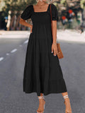 themeisles Split-Joint Solid Color Pleated Elasticity Short Sleeves High Waisted Square-neck Midi Dresses