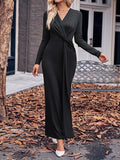 themeisles Solid Color Bowknot Long Sleeves Bodycon V-neck Maxi Dresses