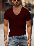 themeisles Men's Summer Wrinkle-resistant Breathable Waffle Solid Color T-shirt Loose V-neck Plunging Sleeve Solid Color Quick Dry Men's Short-sleeved T-shirt