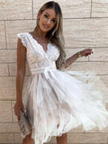 themeisles New Sexy V-neck Lace Stitching Dress Short Sleeve Fashion White Dresses