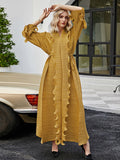 themeisles Original Loose Long Sleeves Tied Pleated Falbala Solid Color V-Neck Maxi Dresses