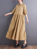 themeisles Simple Half Sleeves Loose Solid Color Lapel Collar Midi Dresses