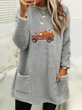 themeisles Women's New Fall and Winter Loose Long-sleeved Halloween Car Pumpkin Print Double-sided Velvet Pocket Round Neck Sweater