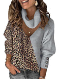 themeisles Autumn and Winter New Women's Leopard Print Color Blocking Temperament V-neck Loose Scarf Hollowed Knitwear