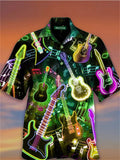 themeisles Men's Shirt Camp Shirt Graphic Shirt Aloha Shirt Musical Instrument Turndown Green Black Blue Purple Gray 3D Print Holiday Short Sleeve 3D Print Clothing Apparel Designer Beach