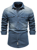 themeisles High-quality Heavy-duty Washed Old Striped Denim Shirt Men's Men's Lapel Wrinkle-resistant Wear-resistant Long-sleeved Shirt