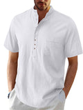 themeisles Men's Short-sleeved Beach Shirt Men's Cotton Linen Buttons Solid Color Blouse S-2XL