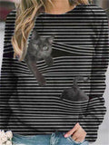 themeisles Striped Round Neck Tops Women's Cat Print Long Sleeve T-shirt Gray Purple Yellow Blue S M L XL 2XL 3XL 4XL 5XL