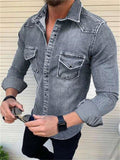 themeisles Men's Denim Shirt Solid Color Collar Black Blue Royal Blue Light Blue Gray Street Daily Long Sleeve Button-Down Clothing Apparel Denim Casual Comfortable Pocket