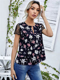 themeisles Explosive Summer New Round Neck Lace Shoulder Sleeve Floral Print White Short-sleeved Comfortable Casual T-shirt Female