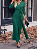 themeisles Solid Color Bowknot Long Sleeves Bodycon V-neck Maxi Dresses