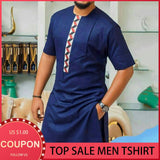 themeisles Aidase Loose Short Sleeve Color Block Dashiki Man Tee Rich Bazin African Men's Long T-Shirt Casual Tshirt Muslim Clothing Tops Fashion